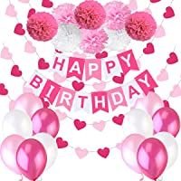 Decoraciones Cumpleaños Nina – 1 Bandera Banderines Feliz Cumpleaños “Happy Birthday” + 8 Pompon Bola de Flor + 2…